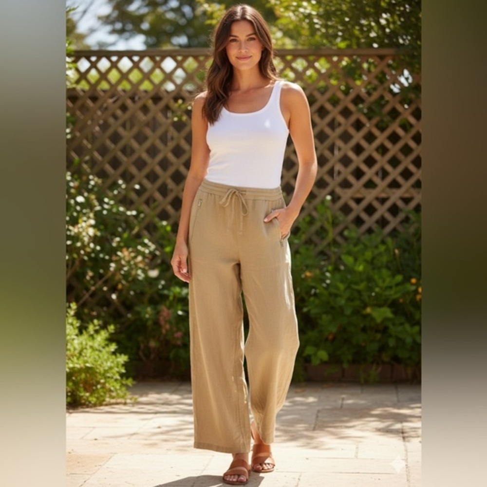 DKNY Women’s Small Beige Rayon High Rise Wide Leg Classic Trouser Dress Pant S